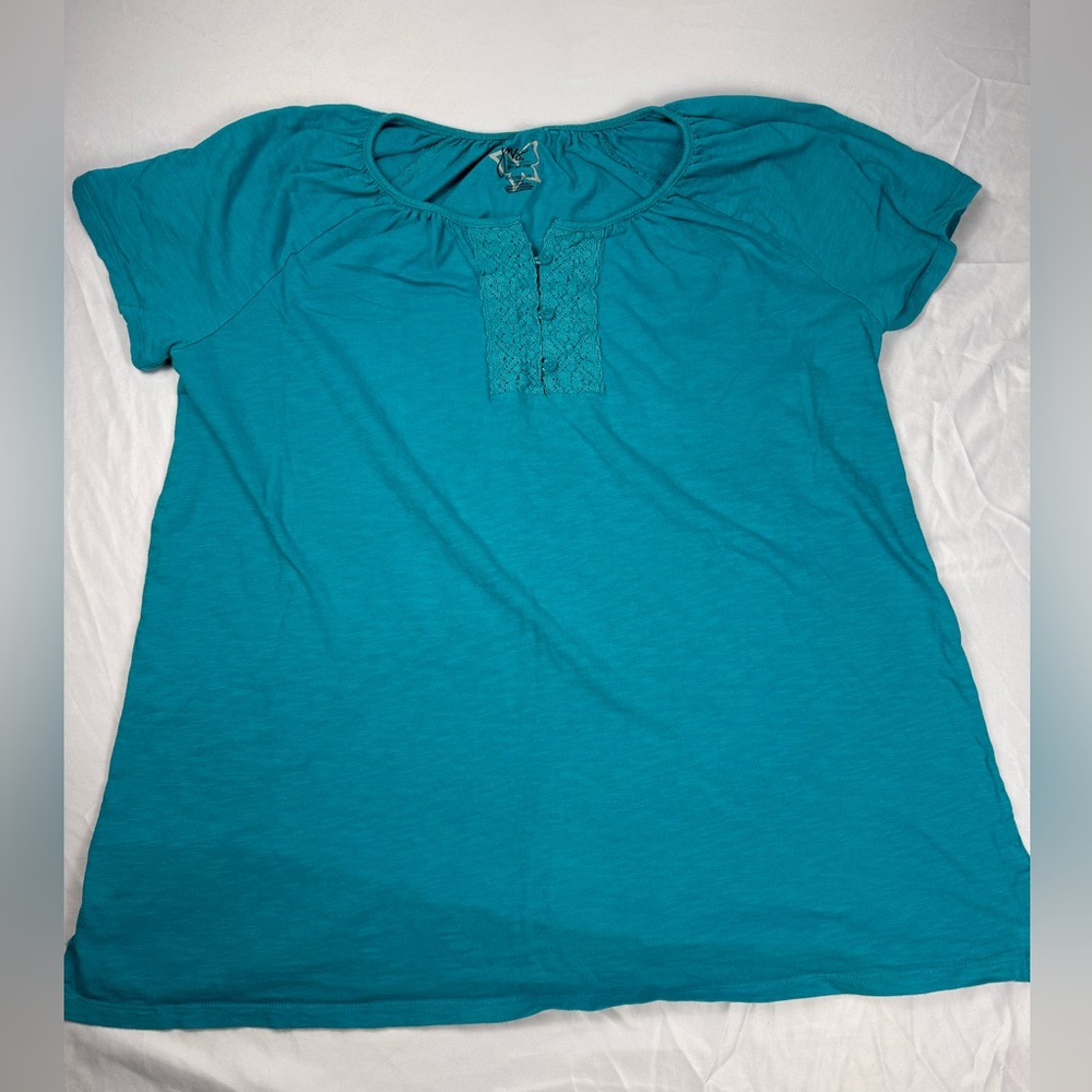 Just My Size Teal Short Sleeve Top Womens 1X 16W Lace Henley Plus Size Tee - Picture 2 of 8